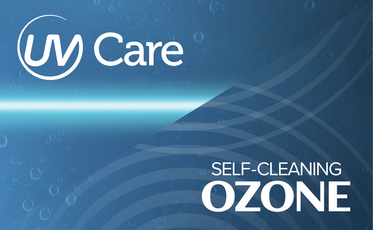 Blue graphic image with the UM Care logo on the left and the words Self-Cleaning Ozone in bold white text on the right, with wavy lines and bubble patterns in the background.
